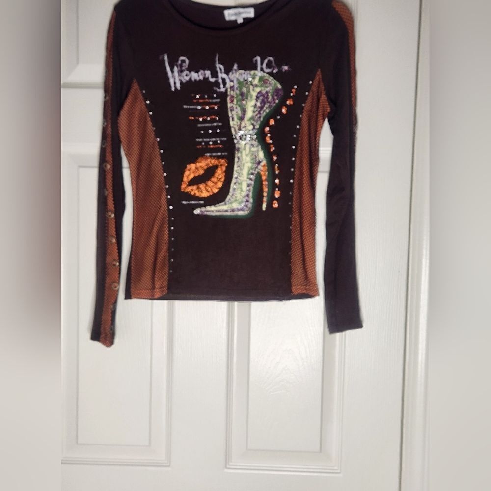 VTG PAOLO SANTINI M Brown Boot Print Beaded Sequin Turtleneck LSlv Women's Top